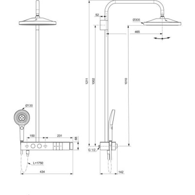 Ideal Standard Ceratherm Solos termostatinė dušo sistema, 3 srovių 300 mm "lietaus" dušo galva