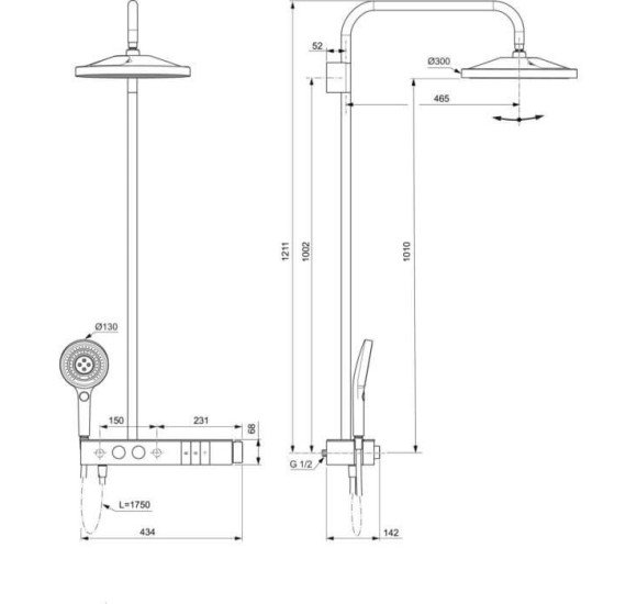 Ideal Standard Ceratherm Solos termostatinė dušo sistema, 3 srovių 300 mm "lietaus" dušo galva