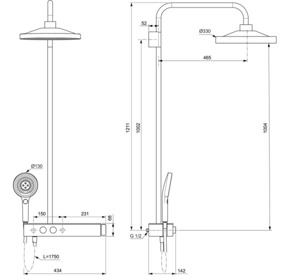 Ideal Standard Ceratherm Solos termostatinė dušo sistema, 330 mm "lietaus" dušo galva su apšvietimu