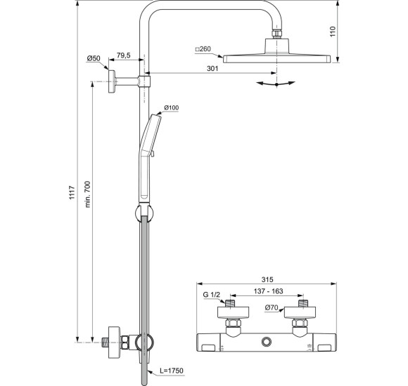 Ideal Standard Ceratherm T25N virštinkinė termostatinė dušo sistema, chromo spalvos