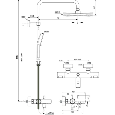 Ideal Standard Ceratherm T25N virštinkinė termostatinė dušo sistema su snapu