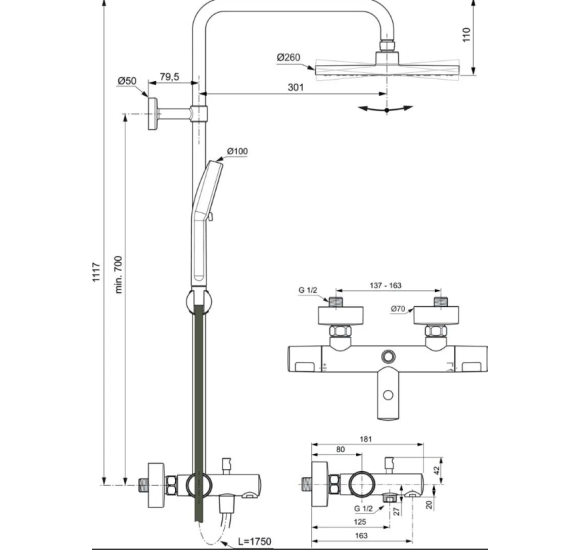 Ideal Standard Ceratherm T25N virštinkinė termostatinė dušo sistema su snapu