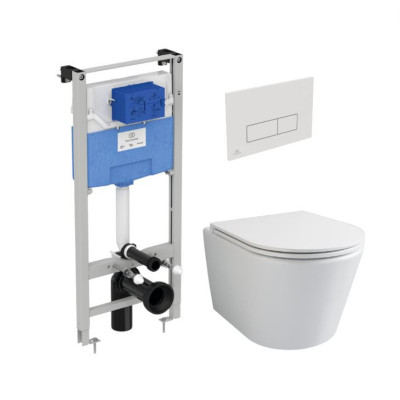 WC komplektas 3in1: Ravak Flow klozetas su "Soft Close" dangčiu ir Ideal Standard rėmas, baltas mygtukas