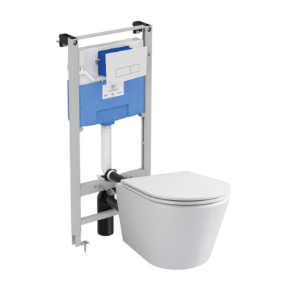 WC komplektas 3in1: Ravak Flow klozetas su "Soft Close" dangčiu ir Ideal Standard rėmas, baltas mygtukas
