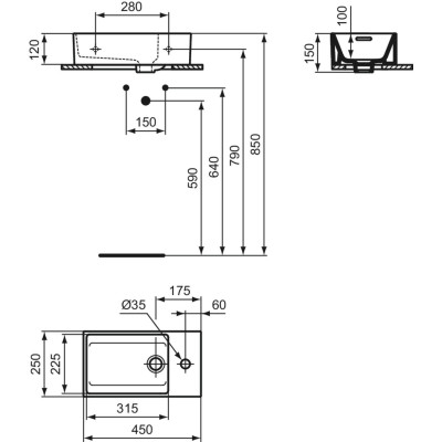 Ideal Standard Extra pakabinamas praustuvas su skyle dešinėje pusėje, 45cm