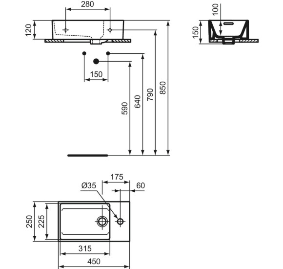 Ideal Standard Extra pakabinamas praustuvas su skyle dešinėje pusėje, 45cm
