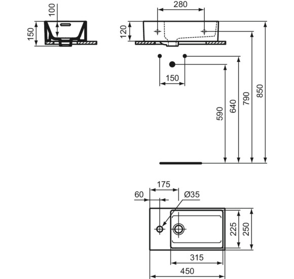 Ideal Standard Extra pakabinamas praustuvas su skyle kairėje pusėje, 45cm