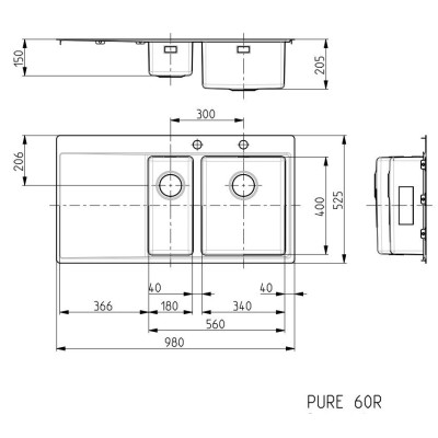 ALVEUS Pure 60 nerūdijančio plieno plautuvė (dešinė)