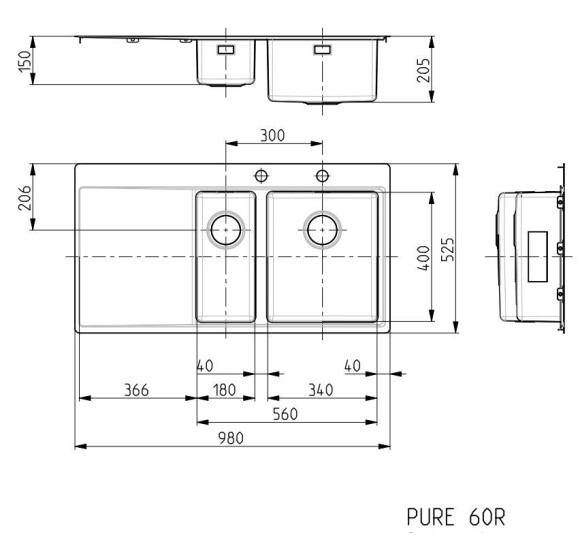 ALVEUS Pure 60 nerūdijančio plieno plautuvė (dešinė)