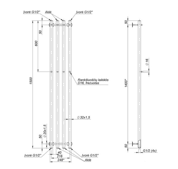 Wellmer Verona nerūdijančio plieno rankšluosčių džiovintuvas, 150 cm, 4 strypai