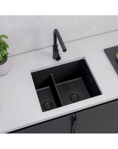 ALVEUS Omni 50 granitinė plautuvė su dvigubu dubeniu (Black Edition)