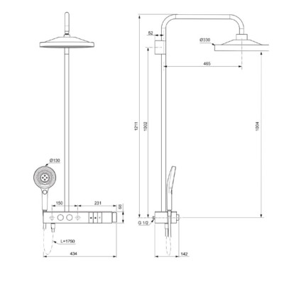 Ideal Standard Ceratherm Solos virštinkinė termostatinė dušo sistema, 3 srovių 330mm dušo galva su apšvietimu
