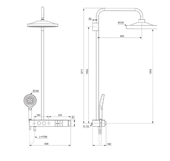 Ideal Standard Ceratherm Solos virštinkinė termostatinė dušo sistema, 3 srovių 330mm dušo galva su apšvietimu