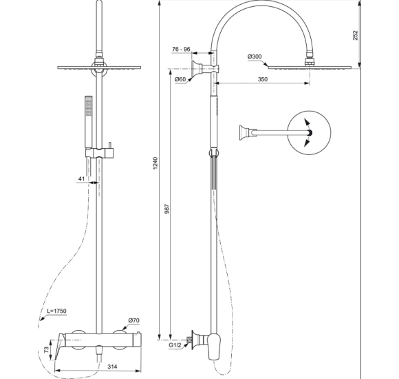 Ideal Standard La Dolce Vita Virštinkinė dušo sistema, 300mm dušo galva, pasirinkite spalvą