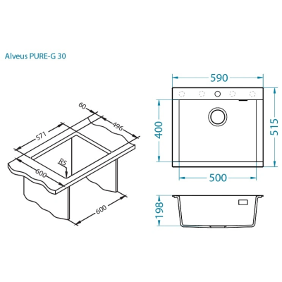 ALVEUS Pure-G 30 akmens masės plautuvė, montuojama iš stalviršio viršaus
