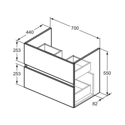 Komplektas: Ideal Standard Eurovit pakabinama vonios spintelė su praustuvu 70 cm, 2 stalčiai, "Soft Close" uždarymas