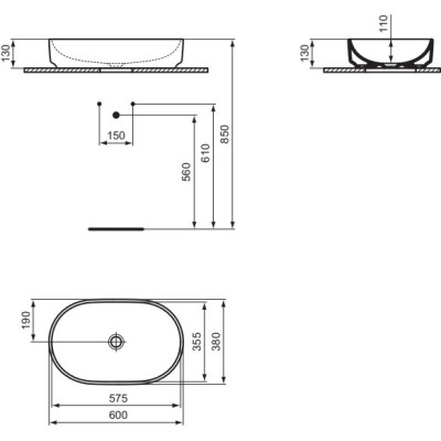 Ideal Standard i.life O ovalus praustuvas, montuojamas ant stalviršio, 600 x 400 mm