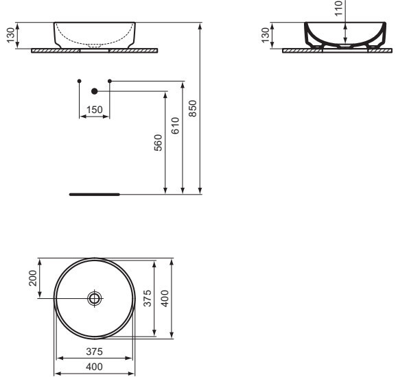 Ideal Standard i.life O apvalus praustuvas, montuojamas ant stalviršio, 400 mm