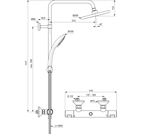 Ideal Standard CERATHERM T25 termostatinė dušo sistema (A7208AA), chromo spalvos