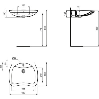 Ideal Standard MAIA pakabinamas praustuvas, skirtas asmenims su specialiais poreikiais, 650x550x155