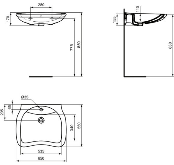 Ideal Standard MAIA pakabinamas praustuvas, skirtas asmenims su specialiais poreikiais, 650x550x155
