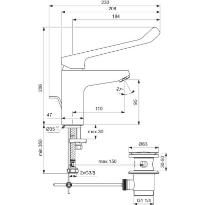 Ideal Standard Ceraflex maišytuvas praustuvui, pritaikytas neįgaliesiems, su dugno vožtuvu, 3.8 l/min.