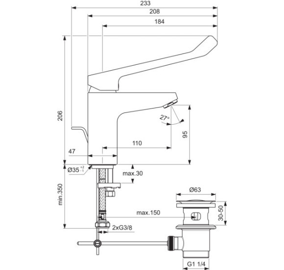 Ideal Standard Ceraflex maišytuvas praustuvui, pritaikytas neįgaliesiems, su dugno vožtuvu, 3.8 l/min.