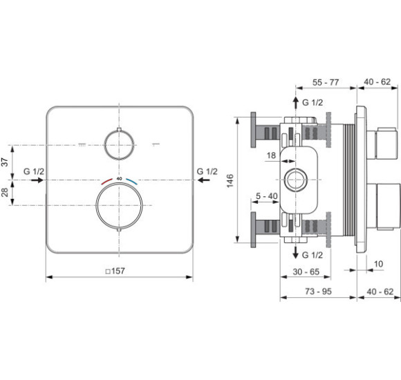 Ideal Standard Ceratherm C25 potinkinis termostatinis dušo ar vonios maišytuvas, 2 krypčių