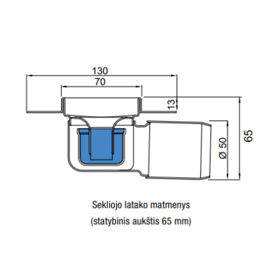ACO ShowerDrain C latakas, su nerūdijančiojo plieno trapu, montuojama prie sienos, aukštis 65mm