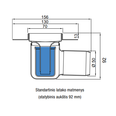 ACO ShowerDrain C latakas, su nerūdijančiojo plieno trapu, montuojamas prie sienos, aukštis  92mm