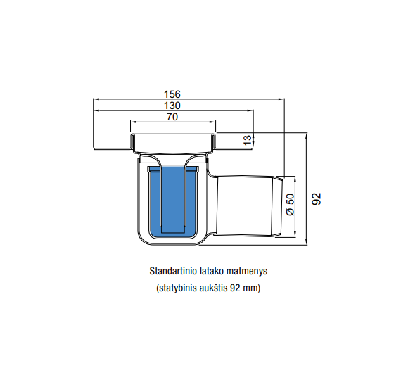 ACO ShowerDrain C latakas, su nerūdijančiojo plieno trapu, montuojamas prie sienos, aukštis  92mm