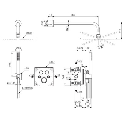 Ideal Standard Ceratherm Navigo kvadratinės potinkinės dušo sistemos komplektas, chromo spalvos, A7773AA