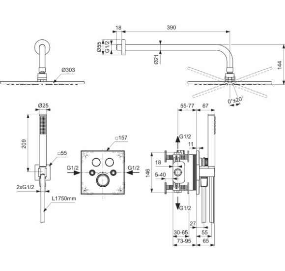 Ideal Standard Ceratherm Navigo kvadratinės potinkinės dušo sistemos komplektas, chromo spalvos, A7773AA