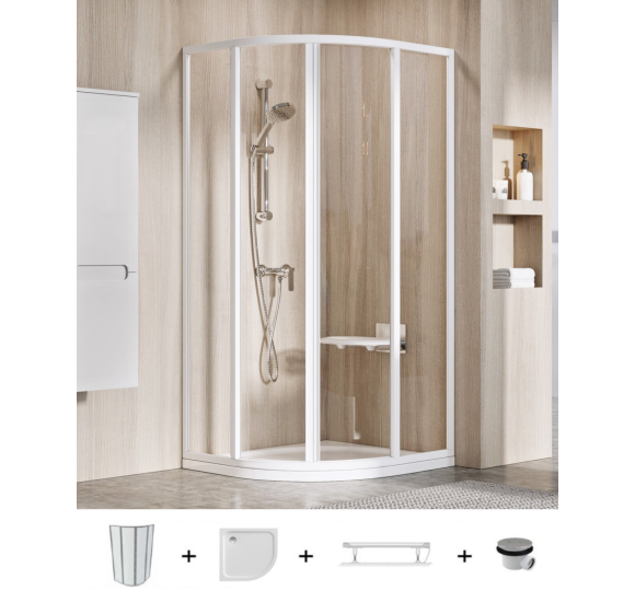 Ravak Supernova SKCP4 pusapvalės dušo kabinos komplektas, 90x90, balti profiliai