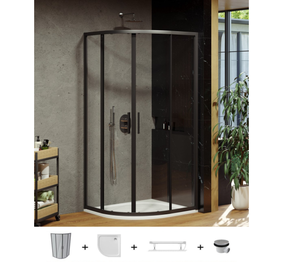 Ravak Blix Slim BLSCP4 pusapvalės dušo kabinos komplektas, 80x80, juodos spalvos profiliai