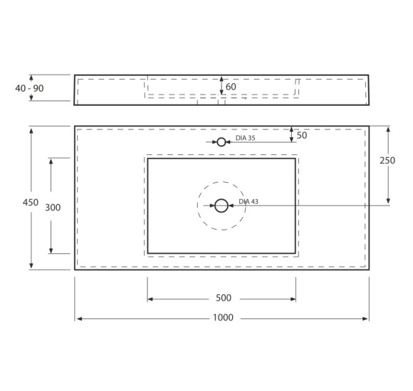 Vispool F-1000 akmens masės praustuvas, 1000x450x90 mm