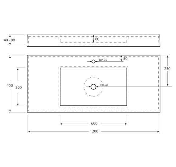 Vispool F-1200 akmens masės praustuvas, 1200 x 450 x 90 mm