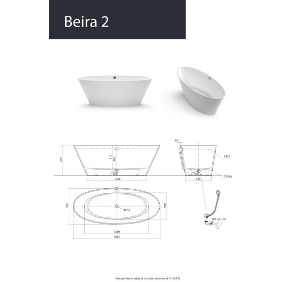 Aura BEIRA 3 akmens masės vonia, 1775×757x585 mm