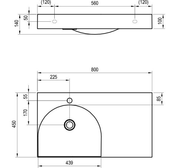 Ravak Lite 80/45 D praustuvas, montuojamas ant baldinės spintelės, 800 x 450 x 100 mm