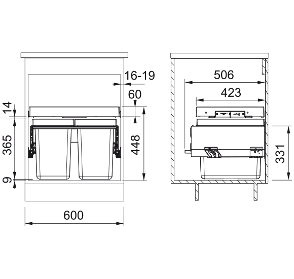 FRANKE FX - 60 šiukšlių rūšiavimo sistema (2-jų arba 3-jų kibirėlių)