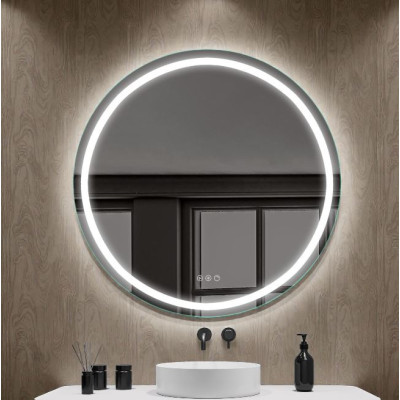FOCCO LED apvalus veidrodis, 80 cm skersmuo, priekinis apšvietimas 3000-5700K, šildomas kilimėlis, dimeriavimas