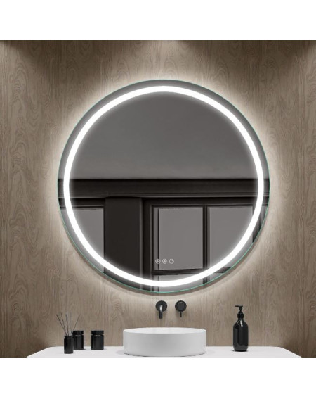 FOCCO LED apvalus veidrodis, 80 cm skersmuo, priekinis apšvietimas 3000-5700K, šildomas kilimėlis, dimeriavimas