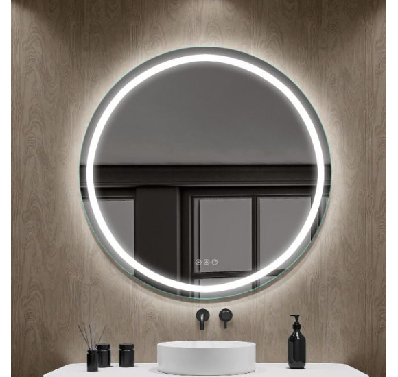 FOCCO LED apvalus veidrodis, 80 cm skersmuo, priekinis apšvietimas 3000-5700K, šildomas kilimėlis, dimeriavimas