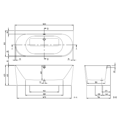 Villeroy&Boch Oberon 2.0 Quaryl® Vonia, 180x80cm, glaudžiama prie sienos