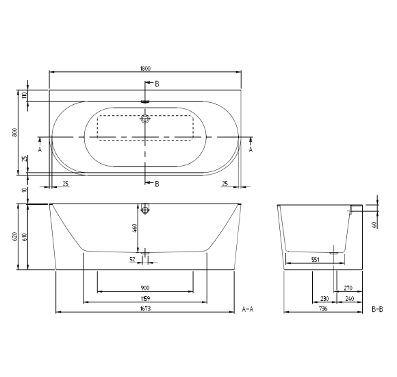 Villeroy&Boch Oberon 2.0 Quaryl® Vonia, 180x80cm, glaudžiama prie sienos