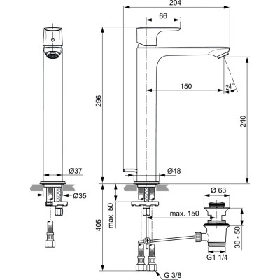Ideal Standard Connect Air aukštas maišytuvas praustuvui su dugno vožtuvu (A7025), PVD spalvos