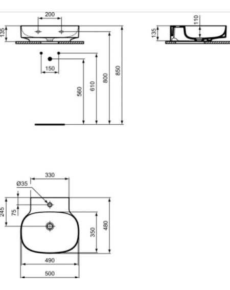 Ideal Standard Linda-X praustuvas 50 cm (500 x 480 x 135), šlifuota apačia, balta